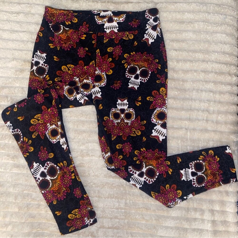 Terra & Sky Plus Size 0X 14W Sugar Skull Sueded Leggings Halloween Floral